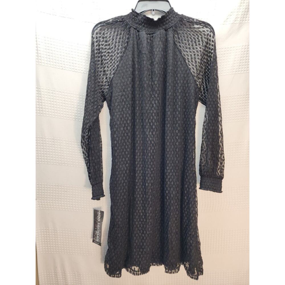 Nina Leonard Dress Womens Size Large Black Sheer High Neck Stretch Midi - Picture 8 of 10